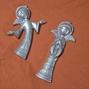 Set of 2 Vintage Pewter Angel Hanging Wall Folk Art Mexico Ornamental 6"-7"